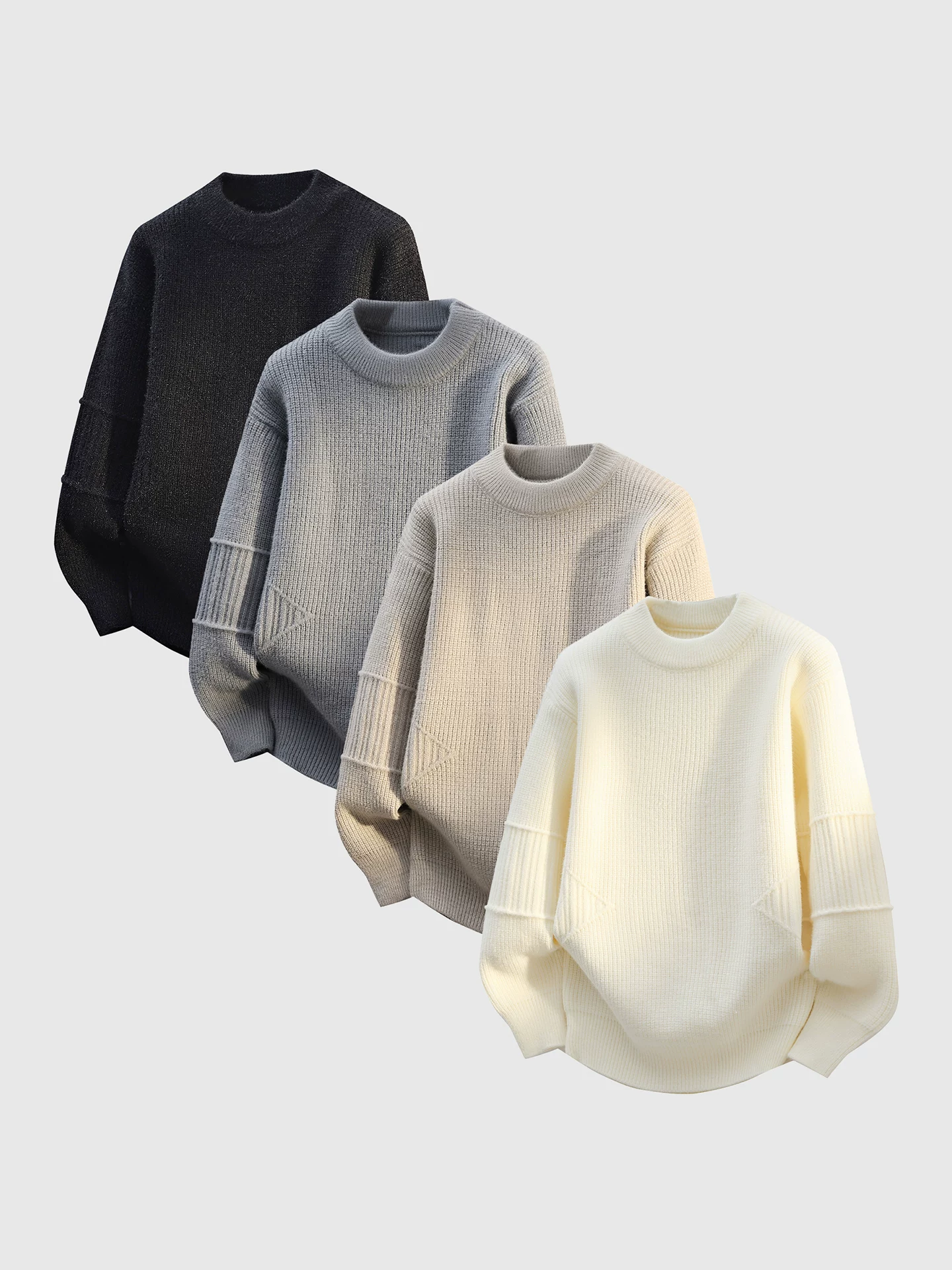 OMZM810G hạng nặng áo len chắp vá nam mùa đông phong cách Mỹ dày dặn đan cổ tròn dệt kim màu trơn áo thun ấm áp