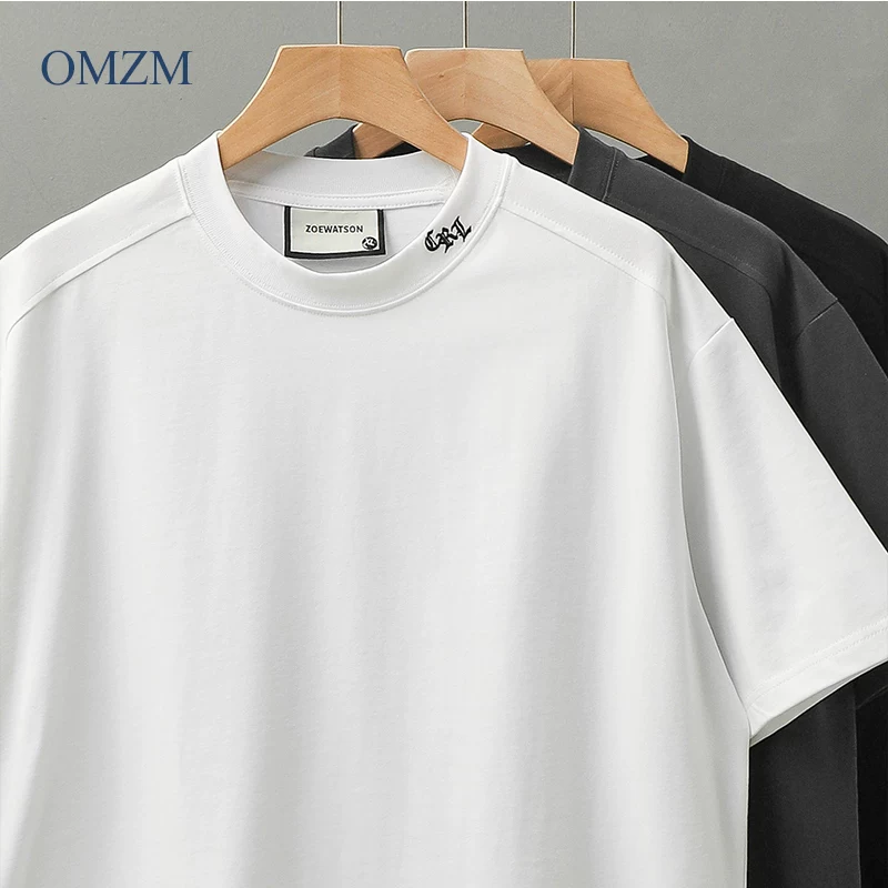 OMZM Áo thun ngắn tay cổ nhỏ nặng 300g phong cách Mỹ dành cho nam, áo thun ngắn tay dáng rộng màu trơn thương hiệu hợp thời trang mùa hè