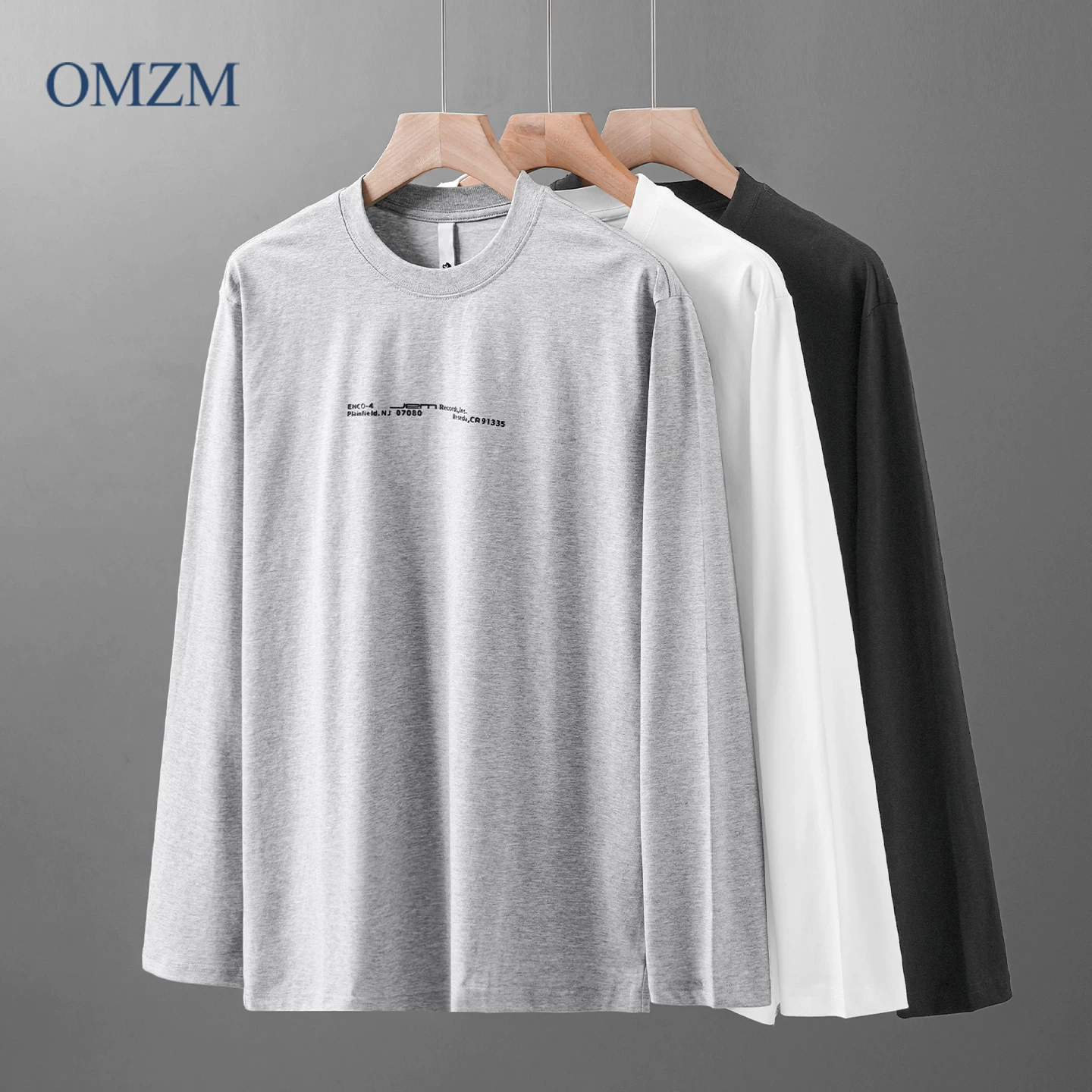 Áo thun dài tay hạng nặng kiểu Mỹ OMZM dành cho nam, áo sơ mi cổ tròn mùa thu đông có in chữ và chất liệu thoáng khí.
