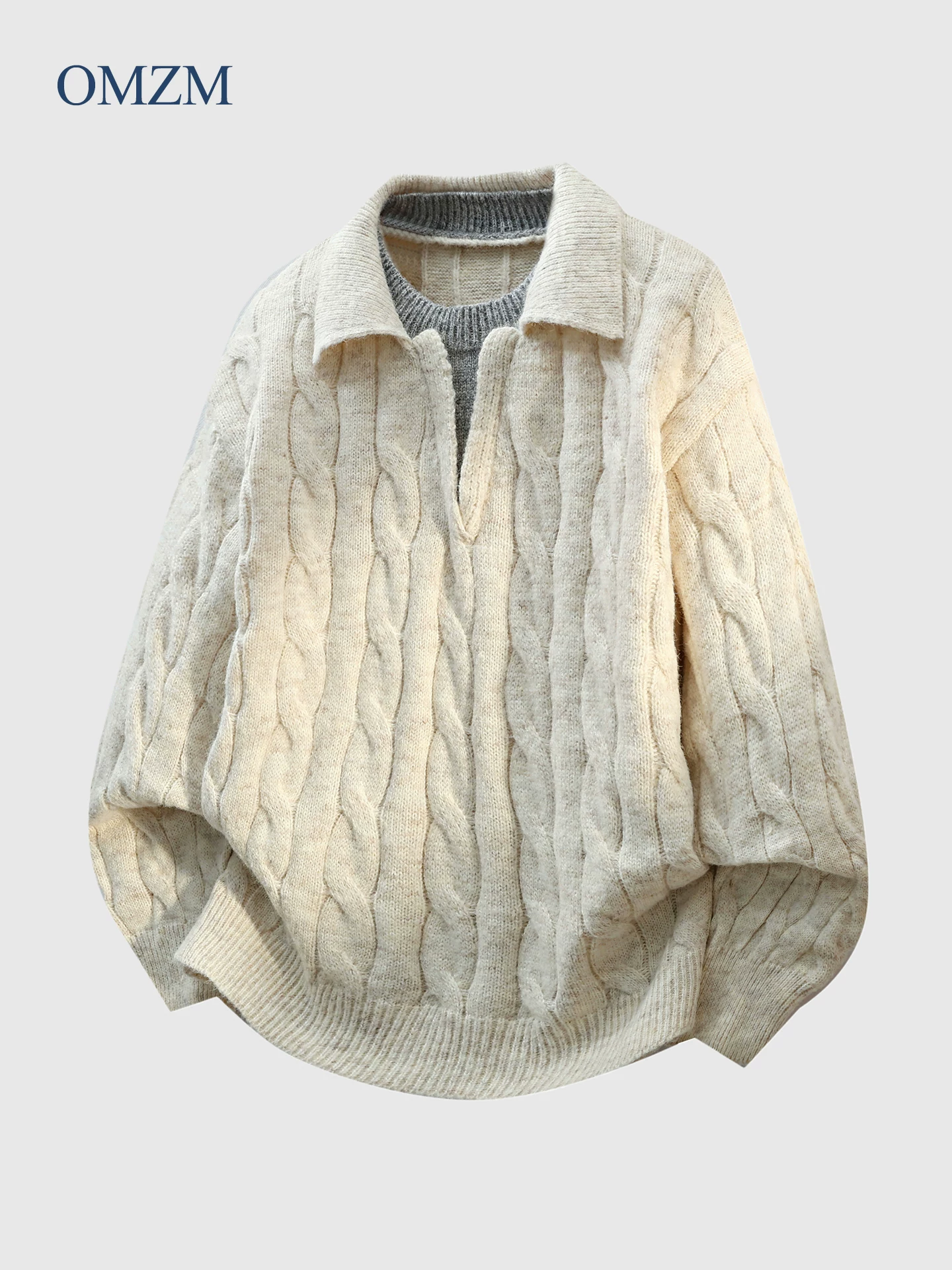 Áo len cổ xoắn OMZM dành cho nam, áo sơ mi lót bên trong dày dặn ấm áp mùa đông, áo len dệt kim giả hai mảnh dành cho cặp đôi.