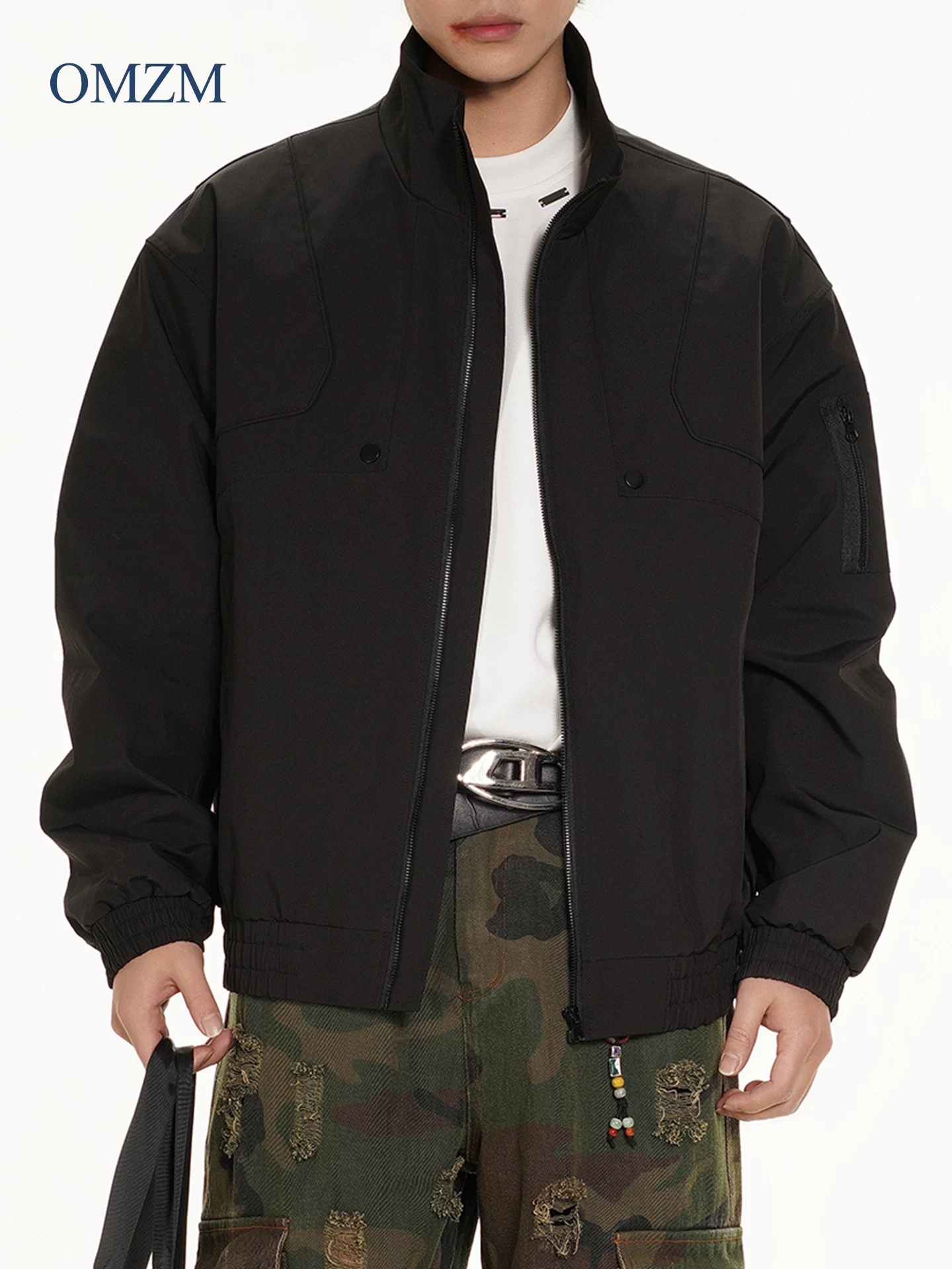 OMZM cổ đứng áo khoác công sở nam mùa thu Mỹ retro giải cấu trúc chắp vá màu trơn áo khoác bomber áo khoác xe máy