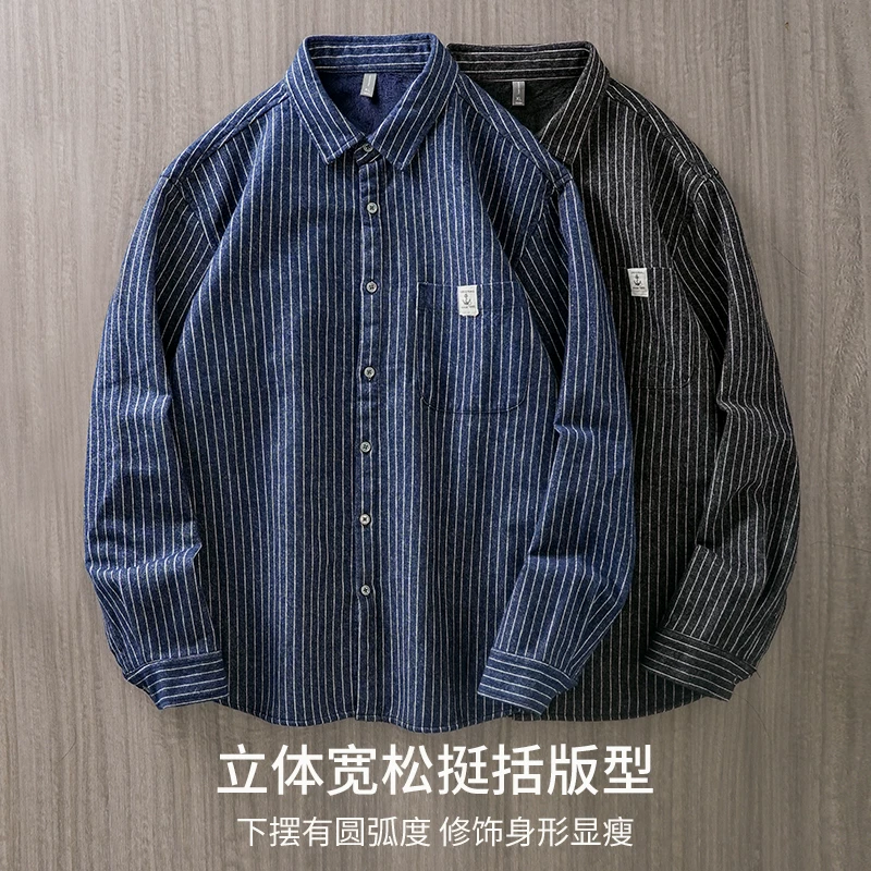 Áo khoác sọc lót lông cừu hạng nặng OMZM dành cho nam, áo sơ mi dày dặn ấm áp mùa thu đông, áo khoác chải kiểu cổ điển Mỹ