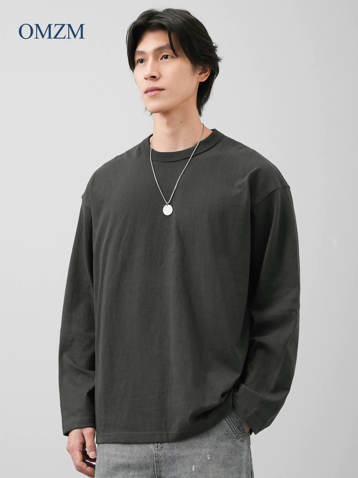 Áo thun dài tay ba kim 400G chất liệu cotton nguyên chất dành cho nam, áo sơ mi trắng cao cấp mùa thu, áo sweatshirt cổ tròn rộng rãi.