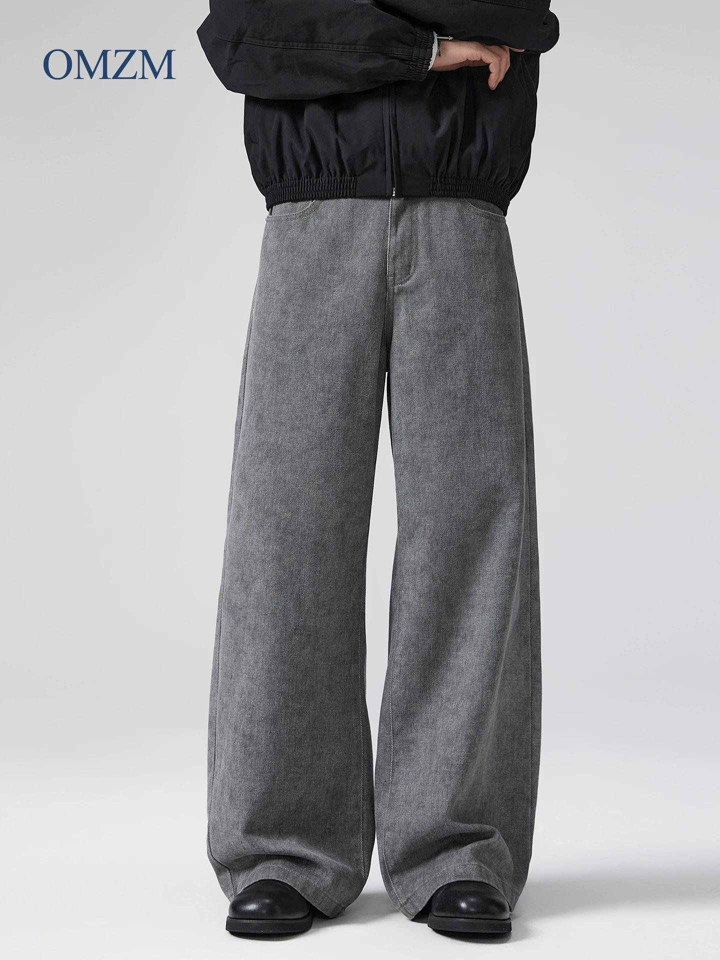 Quần âu nam phong cách tie-dye cổ điển OMZM, quần ống rộng dáng thẳng màu xám retro Mỹ mùa đông, chất liệu mềm mại, dáng rộng.