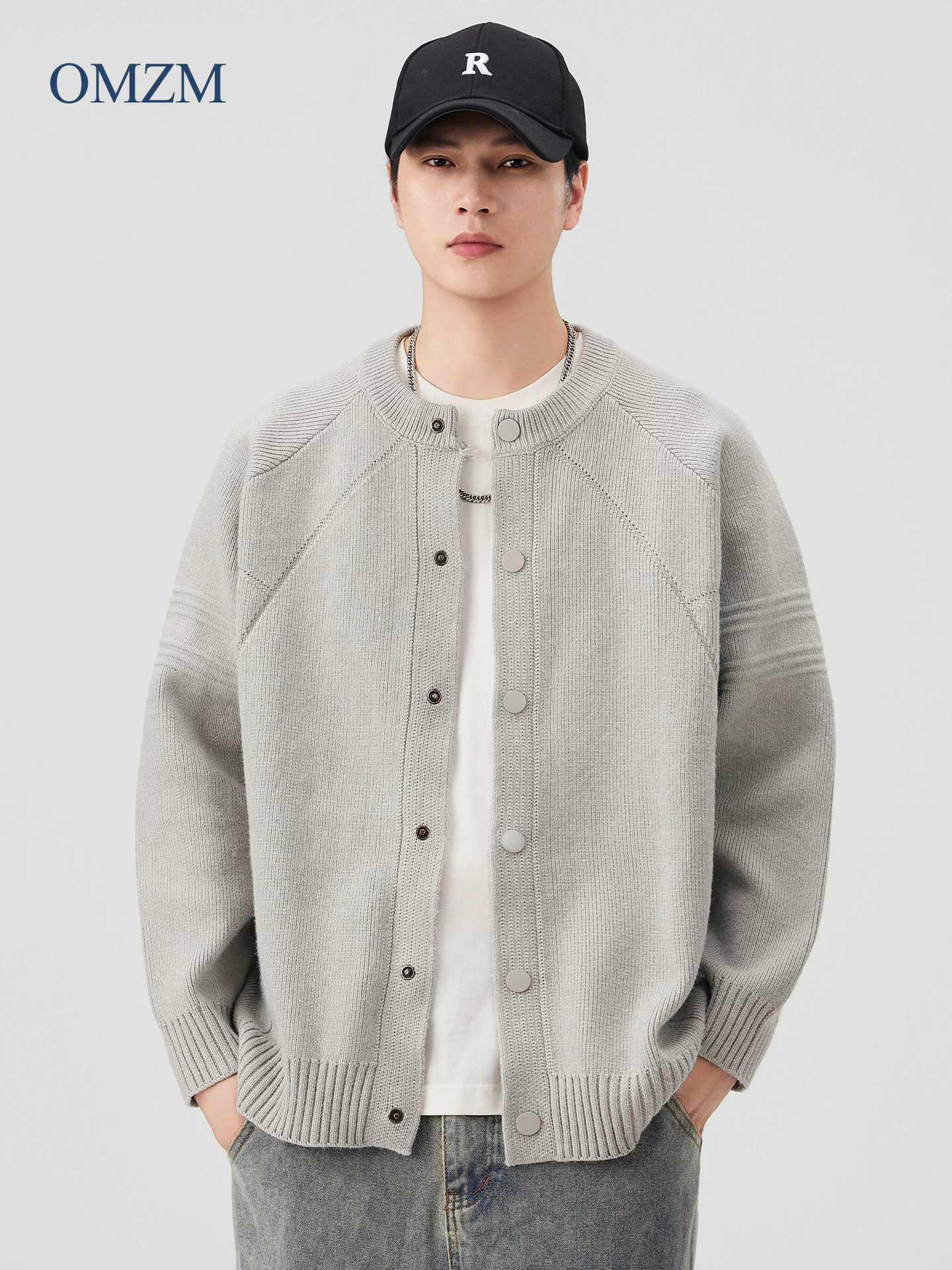 Áo len cardigan dày nặng OMZM930G dành cho nam, áo khoác dệt kim chắp vá tay raglan phong cách Mỹ mùa thu, áo len cổ tròn