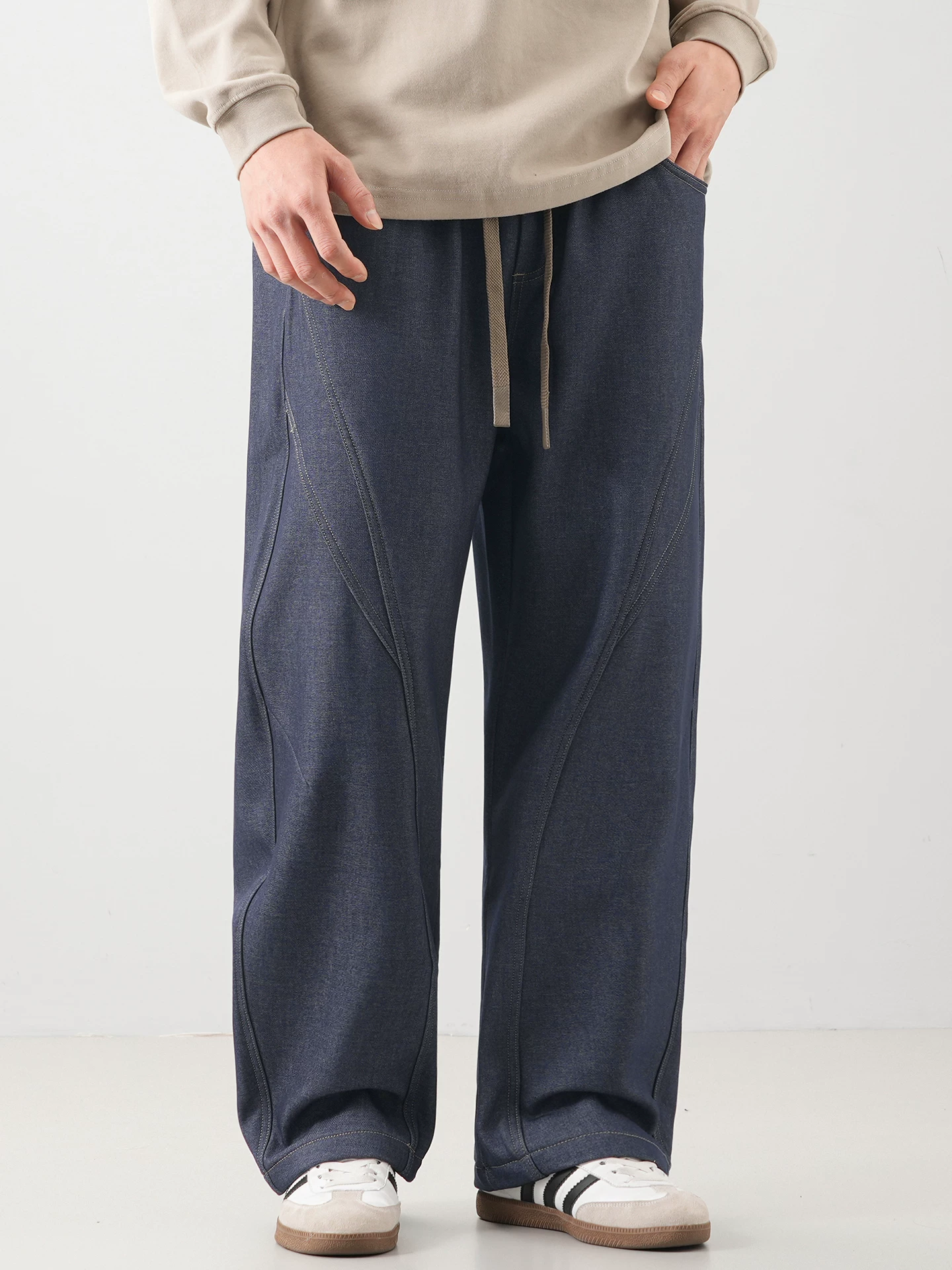 Quần denim lót lông cừu nặng OMZM480G dành cho nam, quần cargo ống rộng ống thẳng mùa thu đông, quần thường ngày dày dặn và ấm áp.