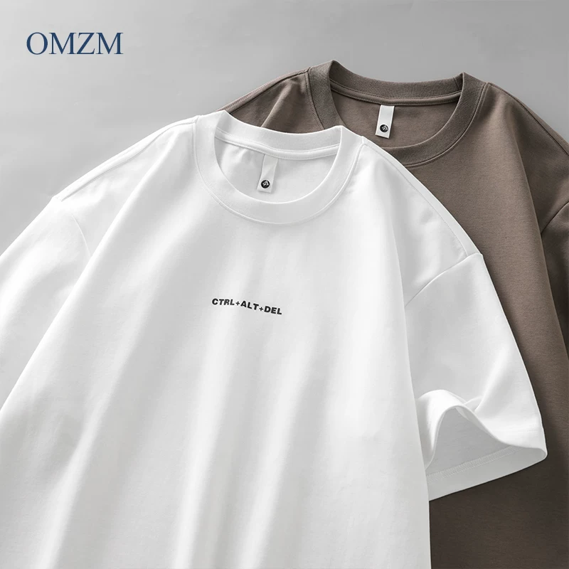OMZM 300G Áo thun trắng hạng nặng nam ngắn tay mùa hè kiểu Mỹ in chữ áo thun không gian cotton cổ tròn nửa tay