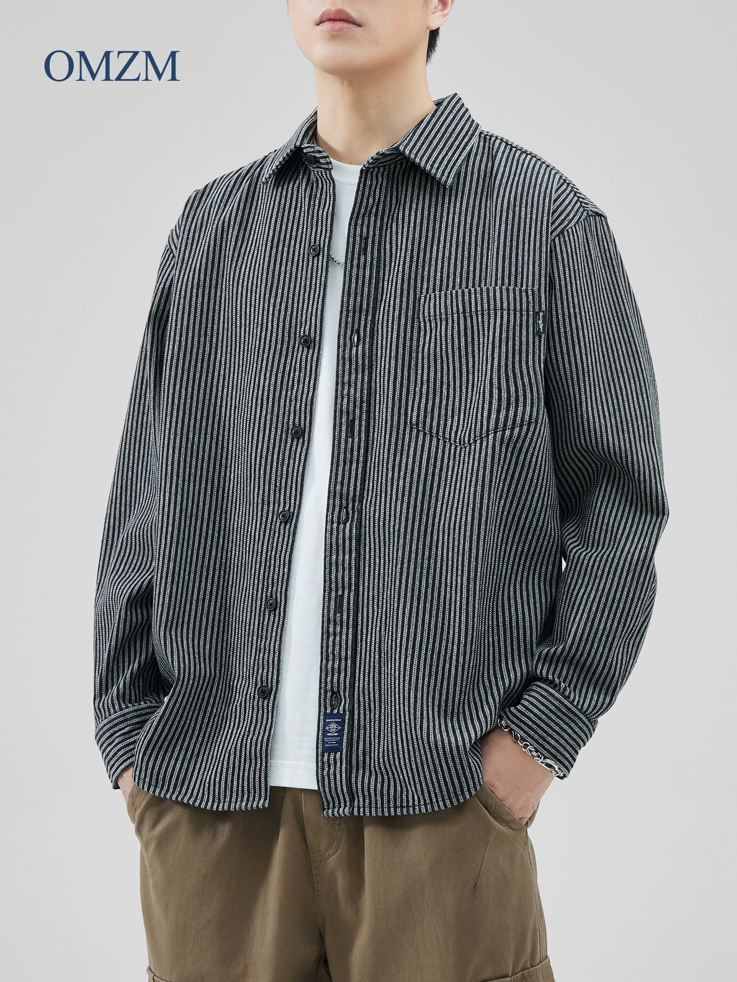 Áo sơ mi sọc cotton dày dặn OMZM dành cho nam, dài tay, mùa thu, phong cách retro Nhật Bản, áo sơ mi công sở dáng rộng, áo khoác dáng rộng