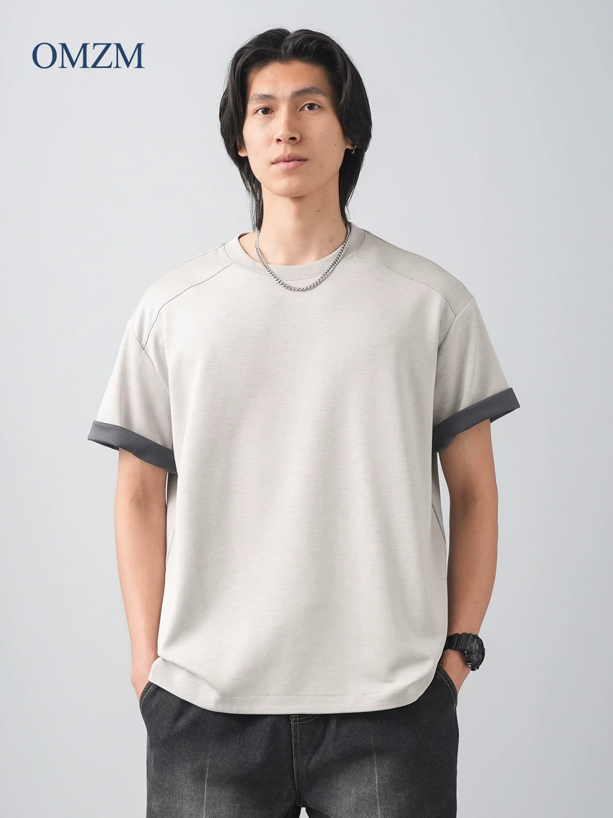 Áo thun nam tay ngắn kiểu dáng thể thao OMZM chất liệu mát lạnh mùa hè kiểu Mỹ, chất liệu lụa đá nhanh khô, tay lửng hai màu, dáng rộng