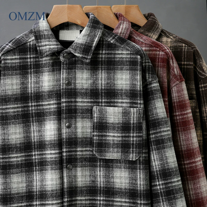 Áo khoác len dày lót lông cừu OMZM dành cho nam, áo sơ mi dày giữ ấm mùa đông 2024 mới, áo sơ mi kẻ đen trắng