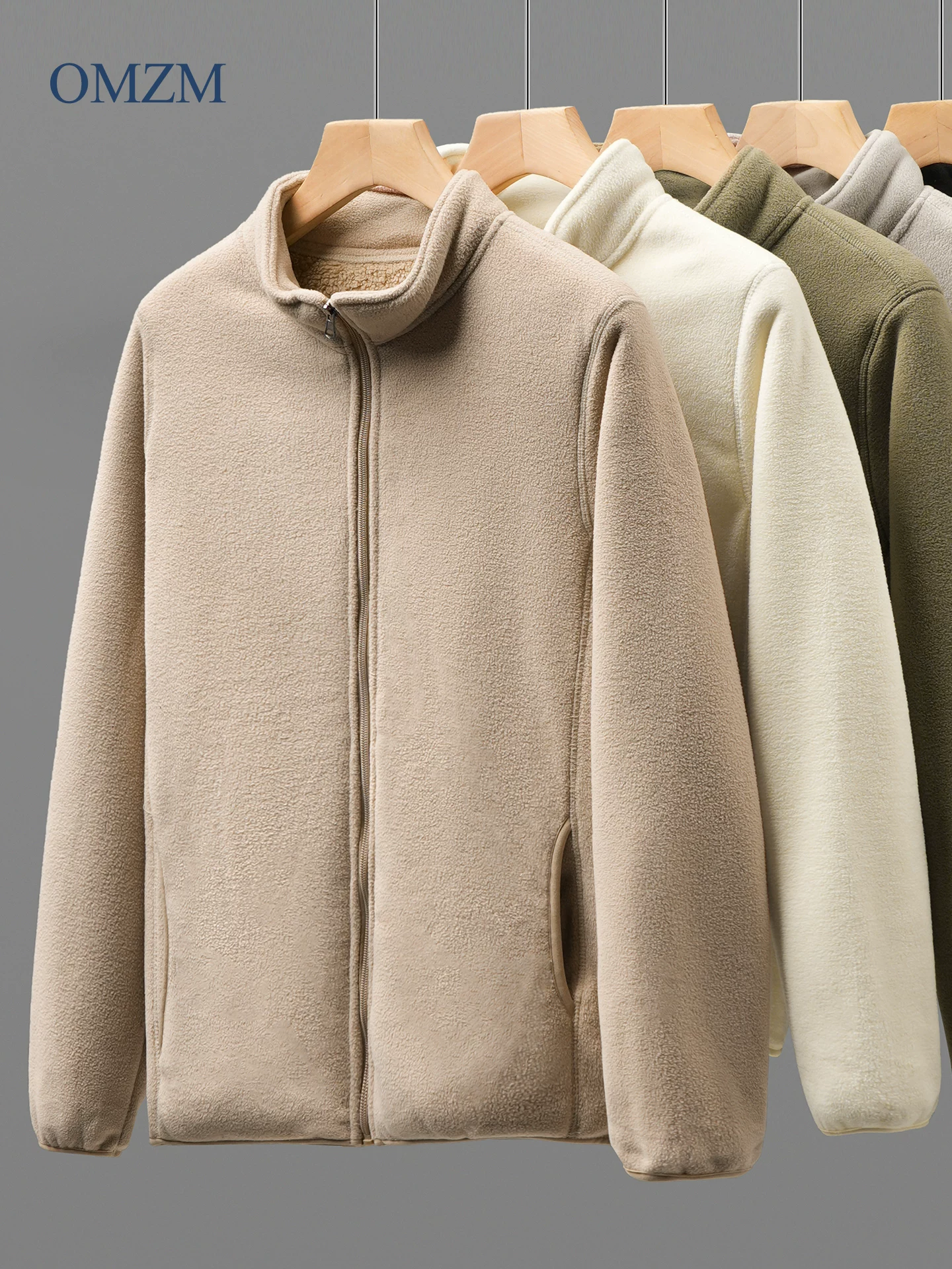 Áo khoác cổ đứng bằng lông cừu OMZM dành cho nam, lót lông cừu mùa đông, dày dặn, áo khoác cotton lông cừu ấm áp, áo len cardigan lông cừu