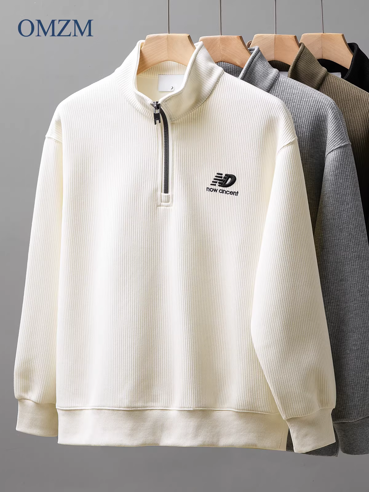 Áo nỉ nửa khóa kéo có họa tiết OMZM dành cho nam, áo chui đầu cổ đứng hạng nặng phong cách Mỹ mùa thu, áo khoác dài tay thêu thương hiệu thời thượng