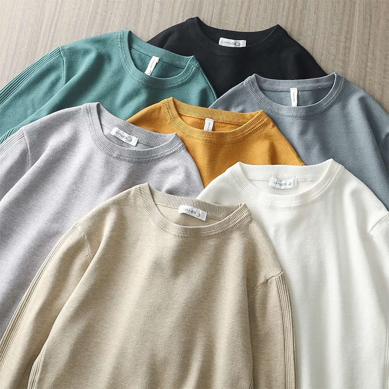 Áo len cổ tròn hạng nặng kiểu Mỹ dành cho nam, lớp bên trong ấm áp mùa thu đông, áo len dệt kim màu trơn cao cấp