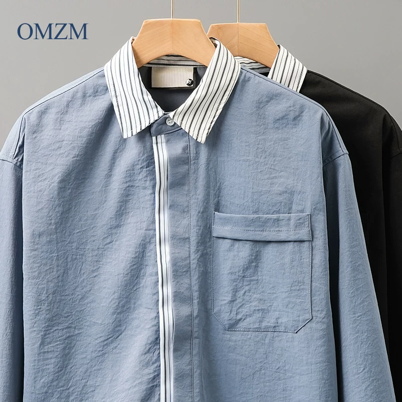 Áo khoác giả hai mảnh OMZM dành cho nam 2025, kiểu mới xuân thu, dáng rộng, cổ trụ, áo sweatshirt thường ngày, áo trẻ trung