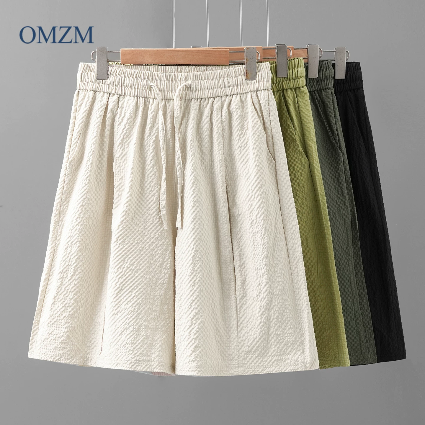 Quần short seersucker kiểu Mỹ của OMZM dành cho nam, quần short đi biển bằng vải lụa mát mẻ nhanh khô mùa hè, quần short thể thao ngoài trời rộng rãi năm điểm