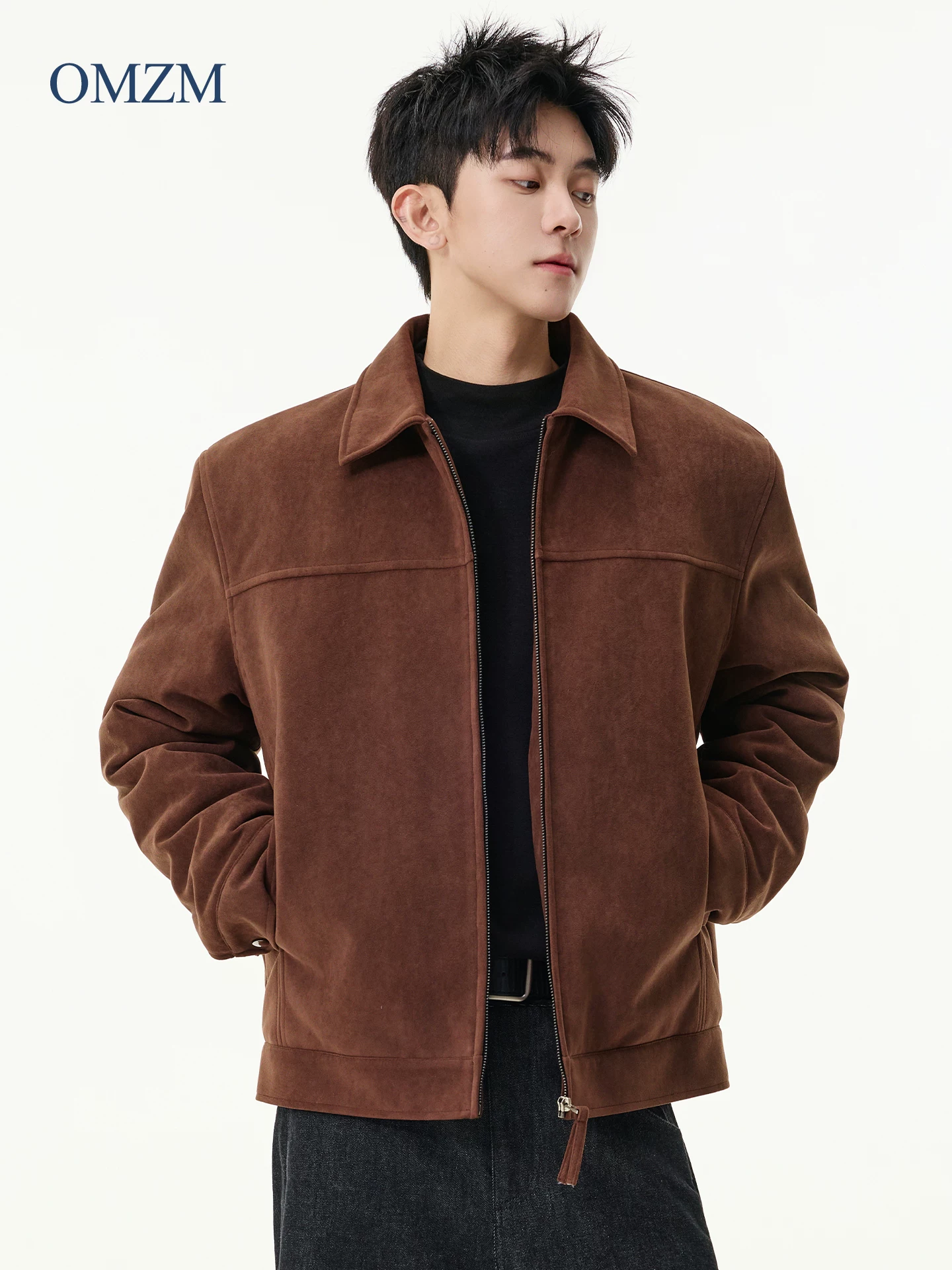 Áo khoác cotton da lộn kiểu Mỹ OMZM dành cho nam, phong cách cổ điển mùa đông, áo khoác cotton dày dặn và ấm áp với cổ áo lật và dáng rộng.