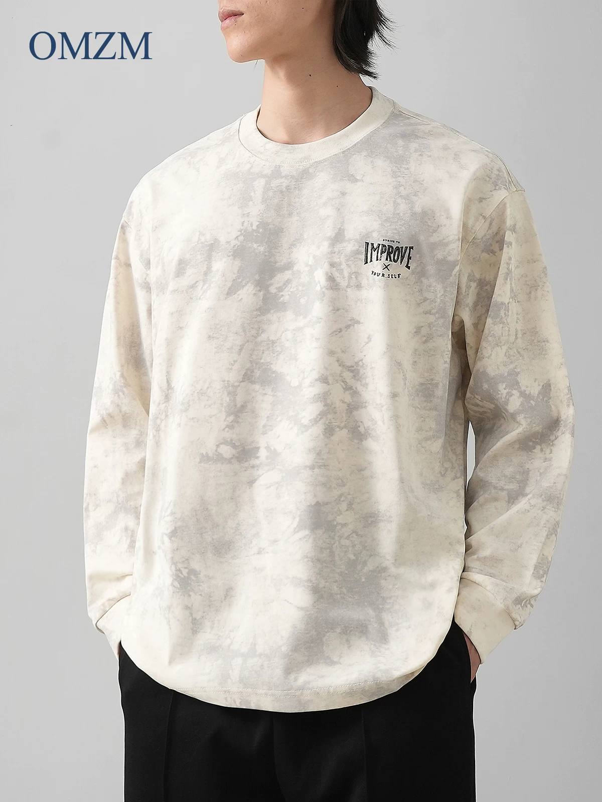 Áo thun dài tay nhuộm màu kiểu Mỹ OMZM 270G dành cho nam, áo sơ mi cổ tròn dáng rộng mùa thu có in chữ