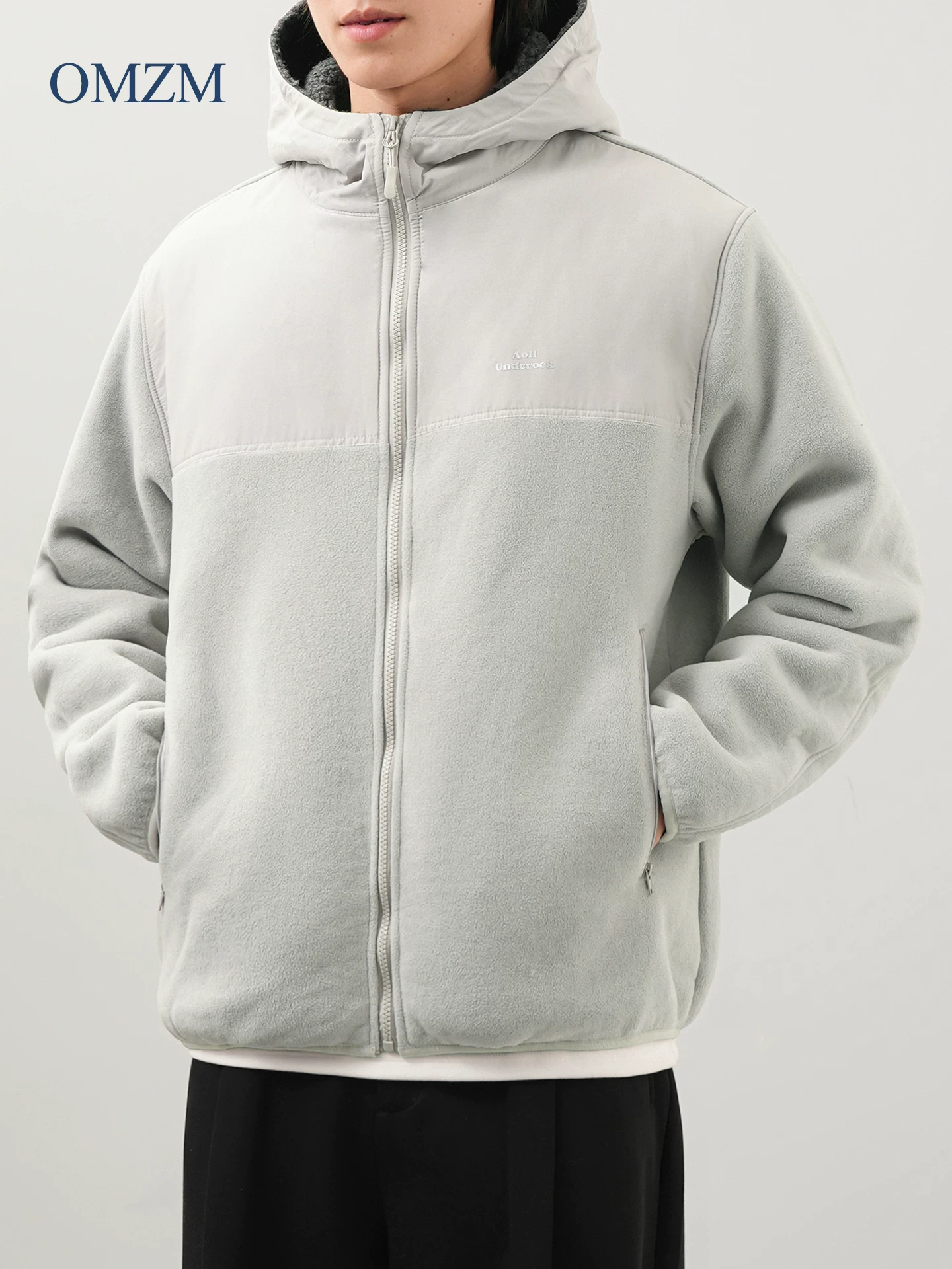 Áo khoác cotton có mũ trùm đầu bằng lông cừu OMZM dành cho nam giới trong mùa đông, lót lông cừu và dày dặn, áo len cardigan phối màu, lông cừu hai mặt, áo khoác cardigan ấm áp