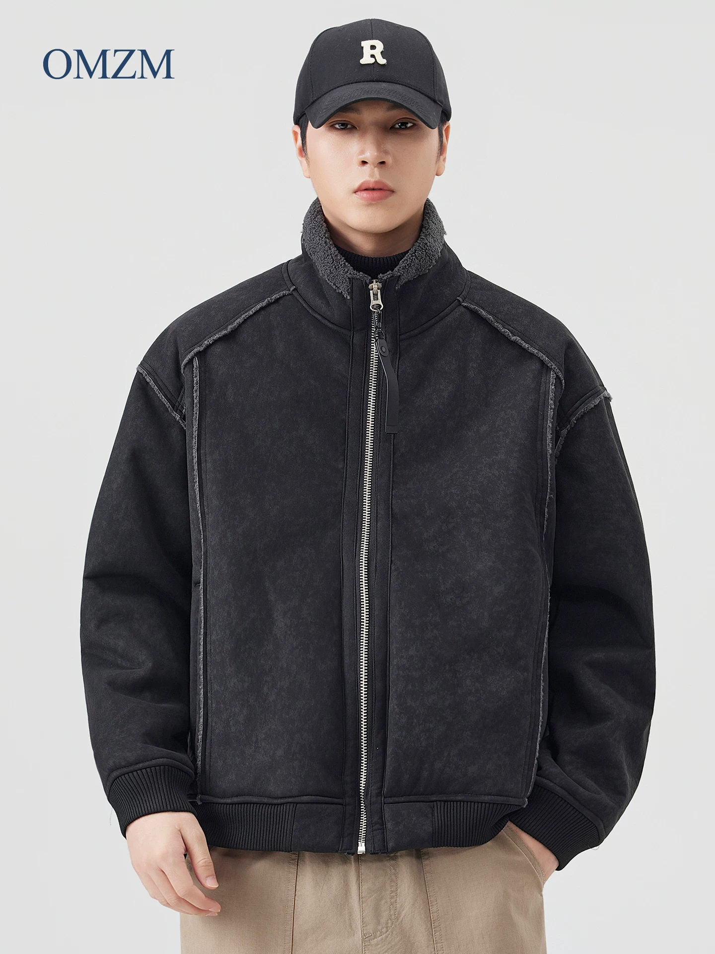 Áo khoác cotton dày lót lông cừu OMZM dành cho nam, áo khoác cổ đứng ấm áp mùa đông, áo khoác da lộn tích hợp da và lông cao cấp