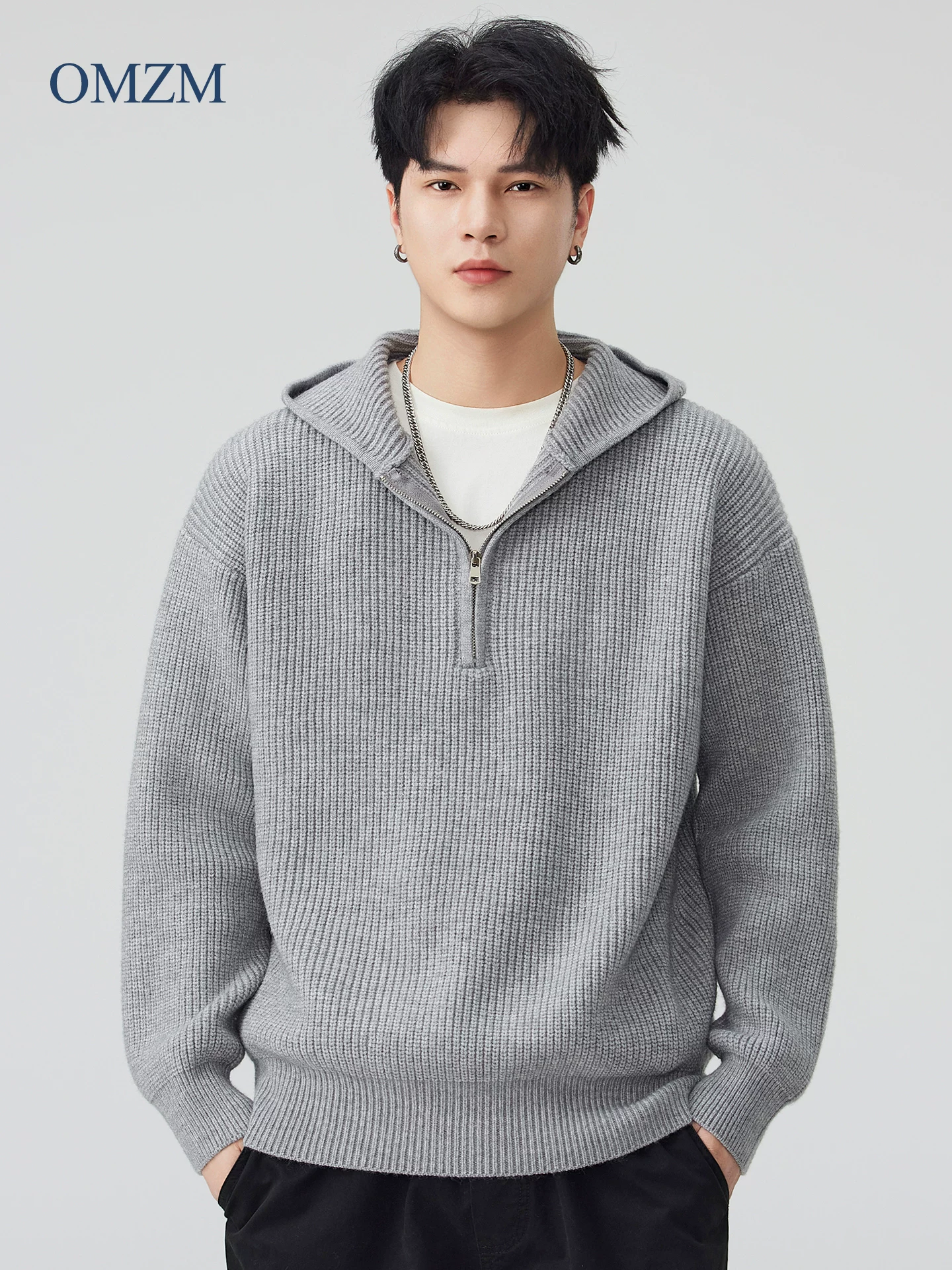 Áo len có mũ trùm đầu nửa khóa kéo OMZM dành cho nam, áo lót giữ ấm mùa đông và dày dặn, áo hoodie dáng rộng kiểu cổ điển dành cho cặp đôi.