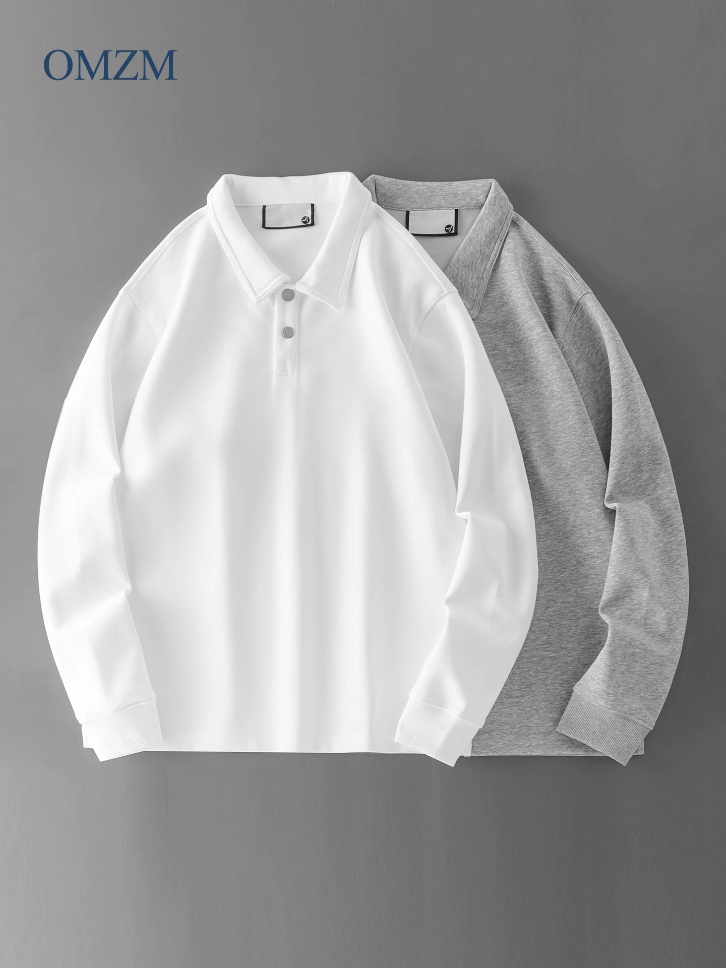 Áo polo nam OMZM300G chất liệu dày dặn, tay dài, kiểu dáng rộng rãi, màu trơn, cổ trụ, phong cách retro Mỹ.