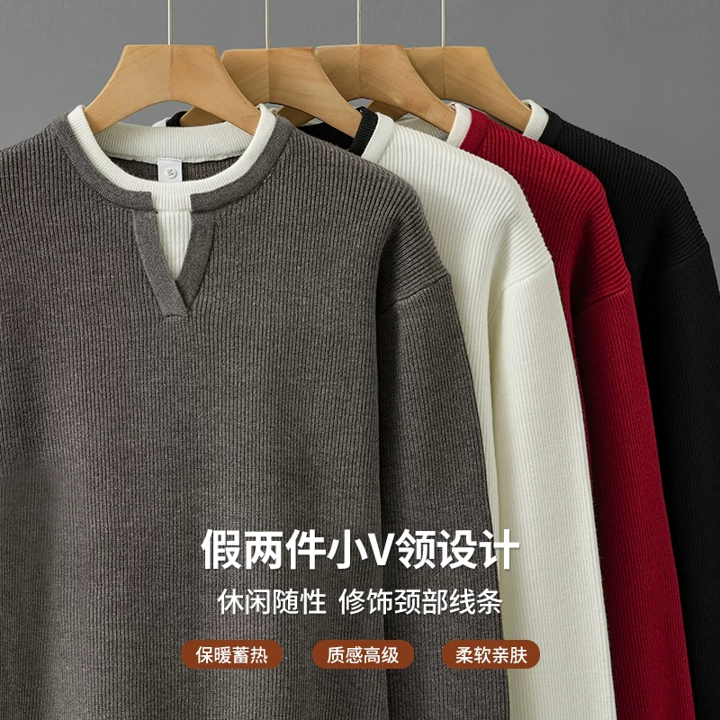 Áo len giả hai mảnh cổ chữ V hạng nặng dành cho nam, đồ dệt kim dày dặn ấm áp mùa thu đông, đồ dệt kim xếp lớp kiểu Mỹ.