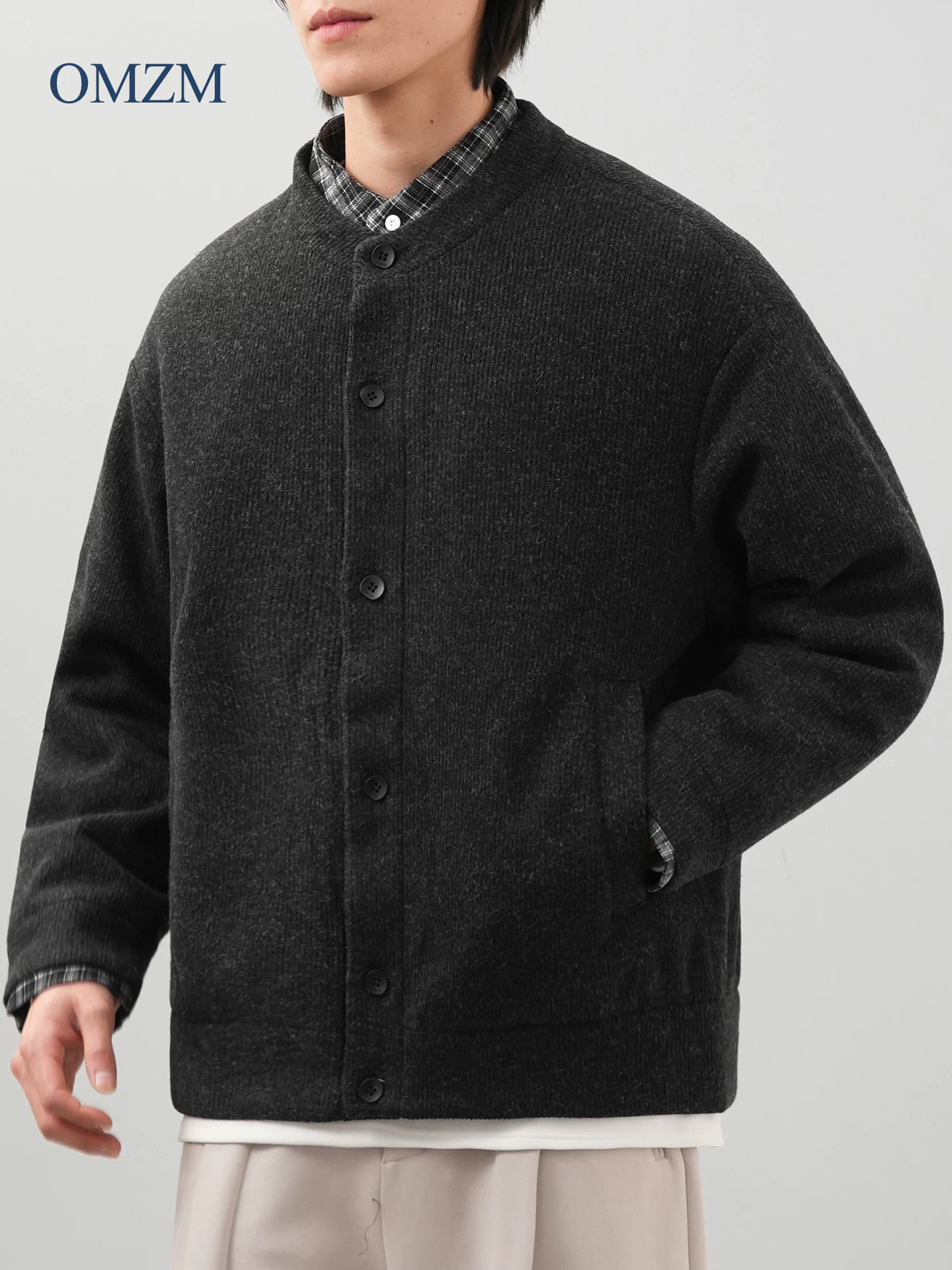 OMZM90 áo len lông vịt áo khoác nam mùa đông giả hai mảnh dệt kim cardigan lót lông cừu dày áo khoác ấm áp