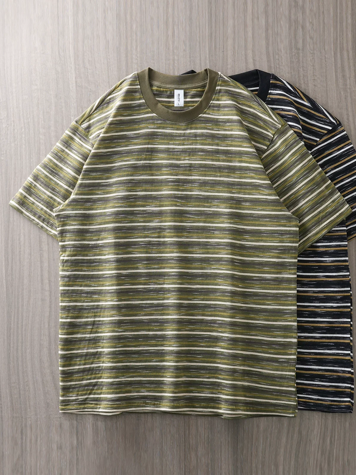 Áo thun ngắn tay sọc hạng nặng kiểu Mỹ OMZM dành cho nam, áo thun cổ tròn dáng rộng mùa hè nửa tay cổ tròn phong cách retro dành cho giới trẻ