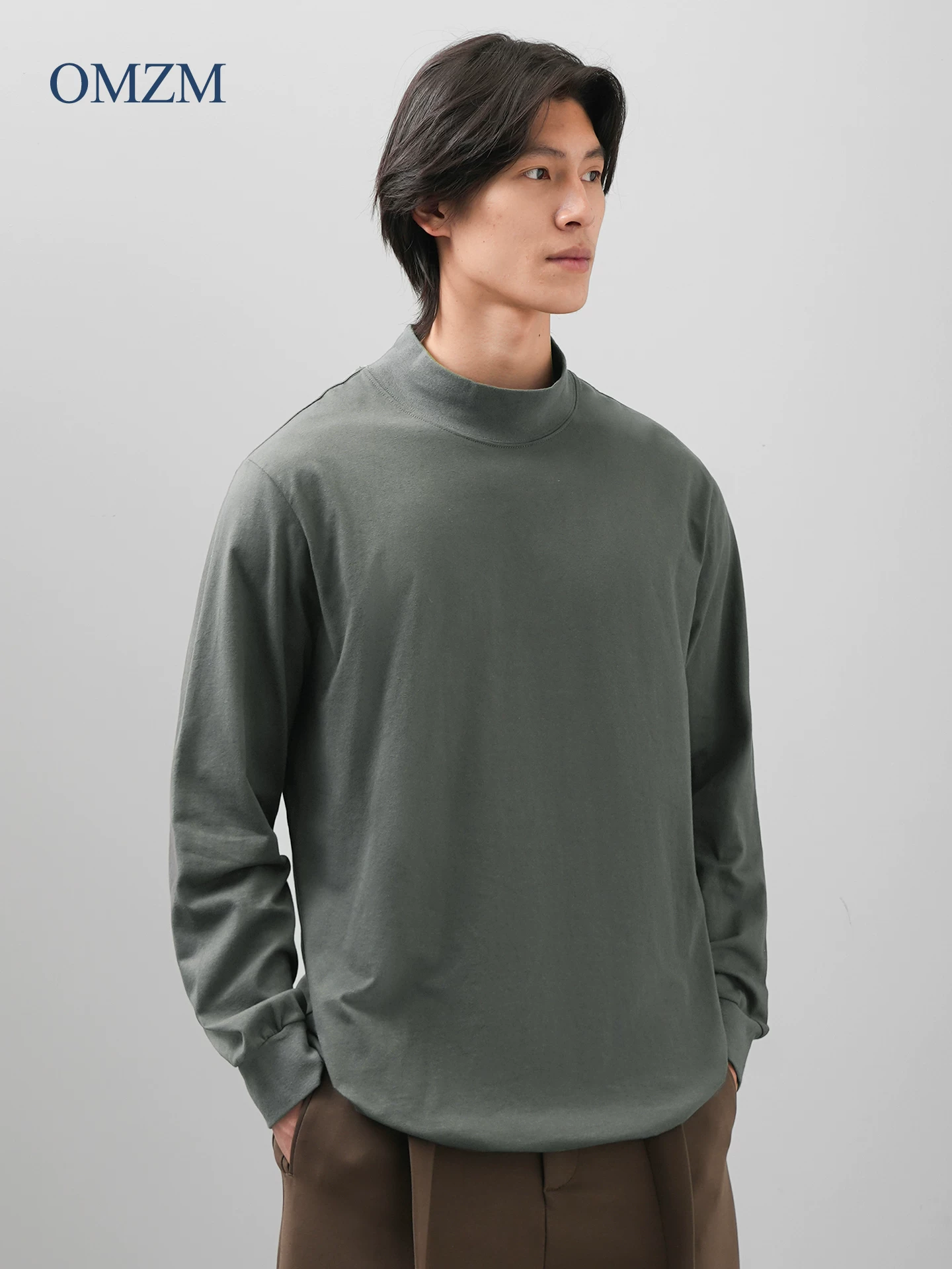 OMZM hạng nặng cổ cao nửa cổ bằng cotton nguyên chất dài tay dành cho nam mùa thu đông Áo thun mới lớp nền áo thun mặc bên trong áo giữ ấm