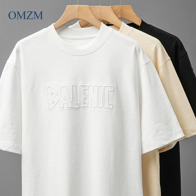 Áo thun nam cotton 100% chất lượng cao 400G kiểu Mỹ, tay ngắn, dáng rộng mùa hè, cổ tròn, thêu chữ, áo trơn