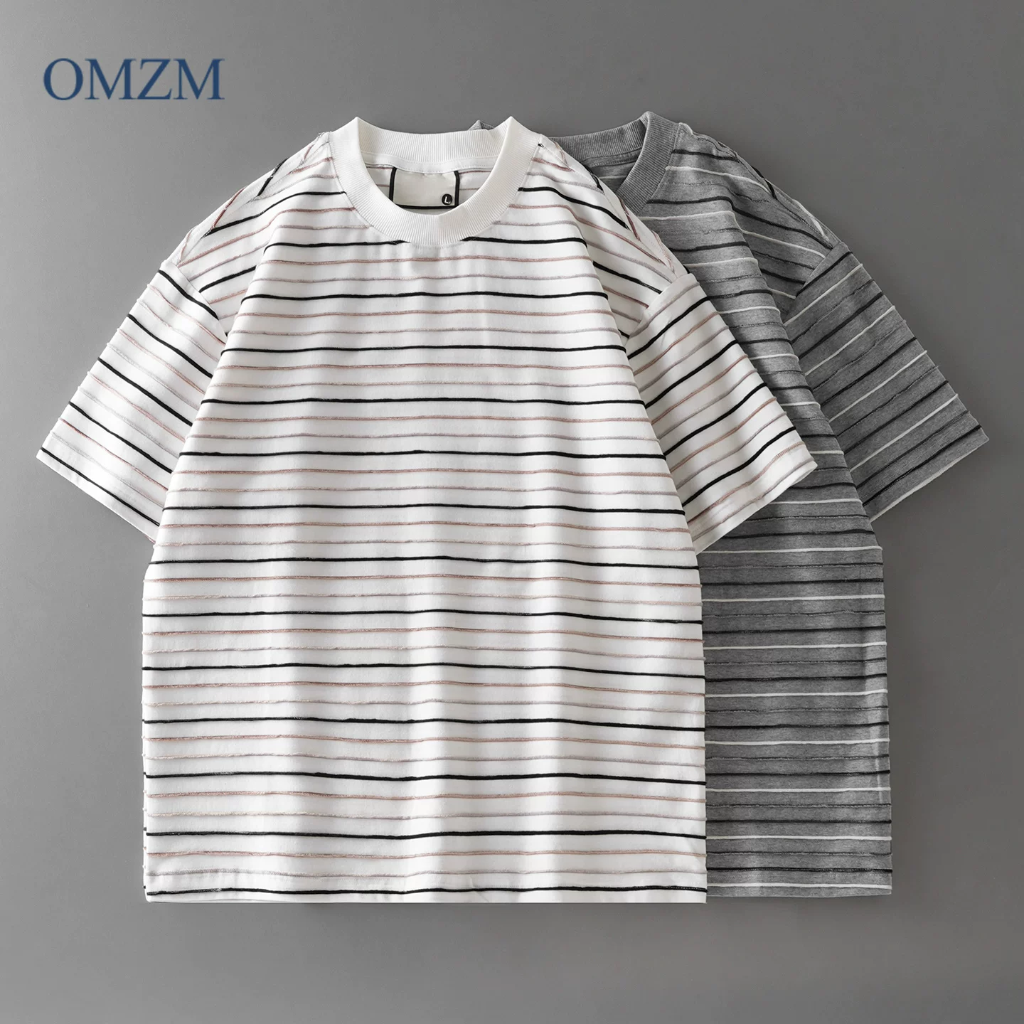 Áo thun ngắn tay sọc hạng nặng OMZM210G dành cho nam, mùa hè kiểu dáng cổ điển Mỹ, phối màu theo phong cách hàng hải, kiểu dáng thường, tay lửng