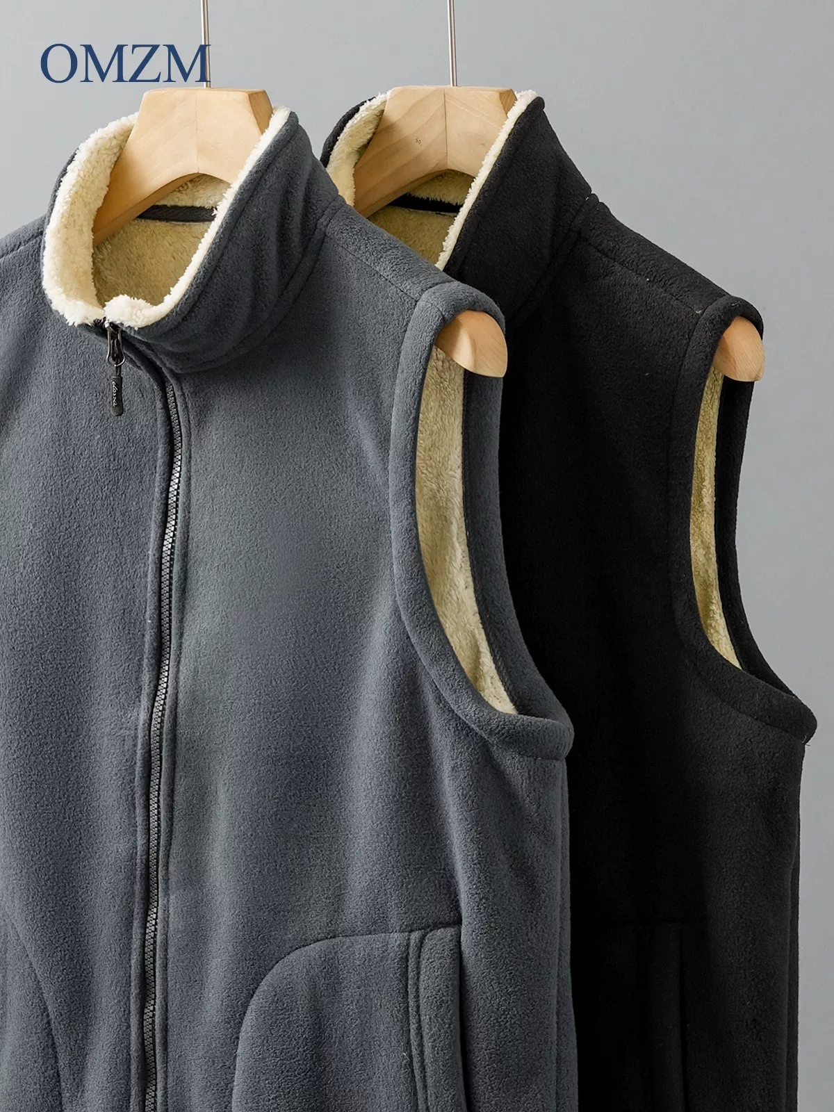 Áo vest lông cừu hạng nặng OMZM dành cho nam, áo vest ấm áp bằng len cừu mùa thu đông, lớp lót bên trong dày, áo khoác không tay.