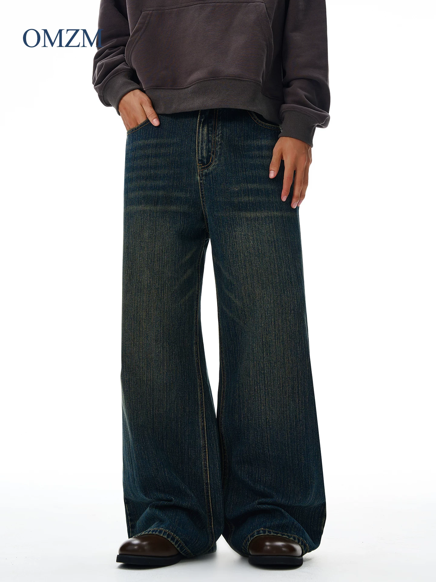 Quần jean kiểu Mỹ OMZM dành cho nam, quần ống đứng dày có họa tiết cổ điển mùa đông, quần ống rộng dài đến sàn