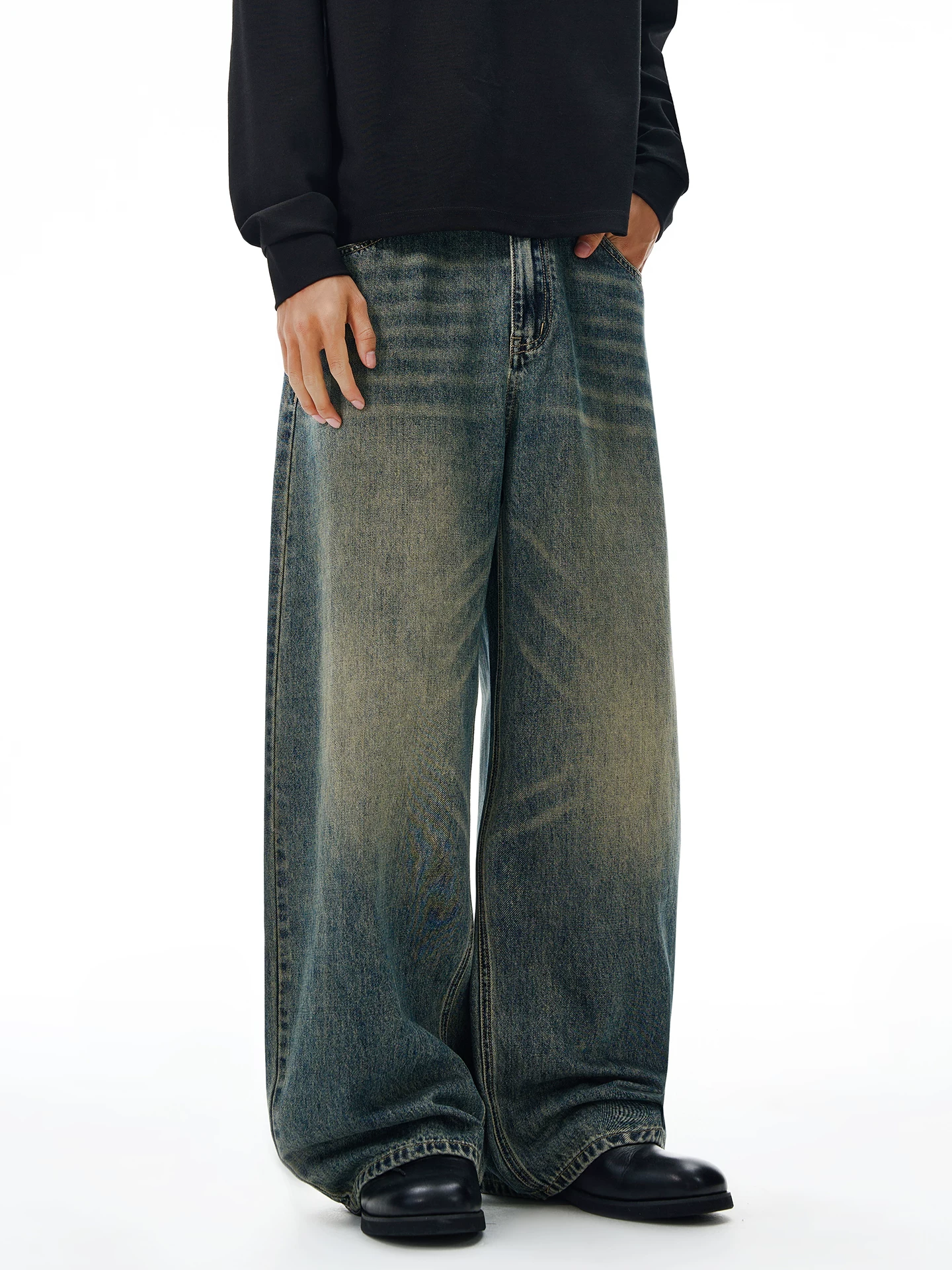 Quần jean dáng rộng kiểu Mỹ OMZM dành cho nam, quần dài dáng chữ A dáng thẳng màu xanh nhạt cổ điển mùa đông