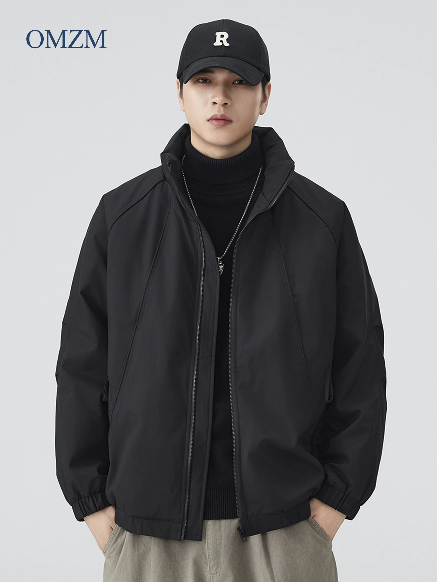 Áo khoác cotton cổ đứng kiểu Mỹ OMZM dành cho nam, áo khoác đệm ấm dáng rộng phong cách retro mùa thu đông, áo khoác bảo hộ lao động chắp vá màu trơn
