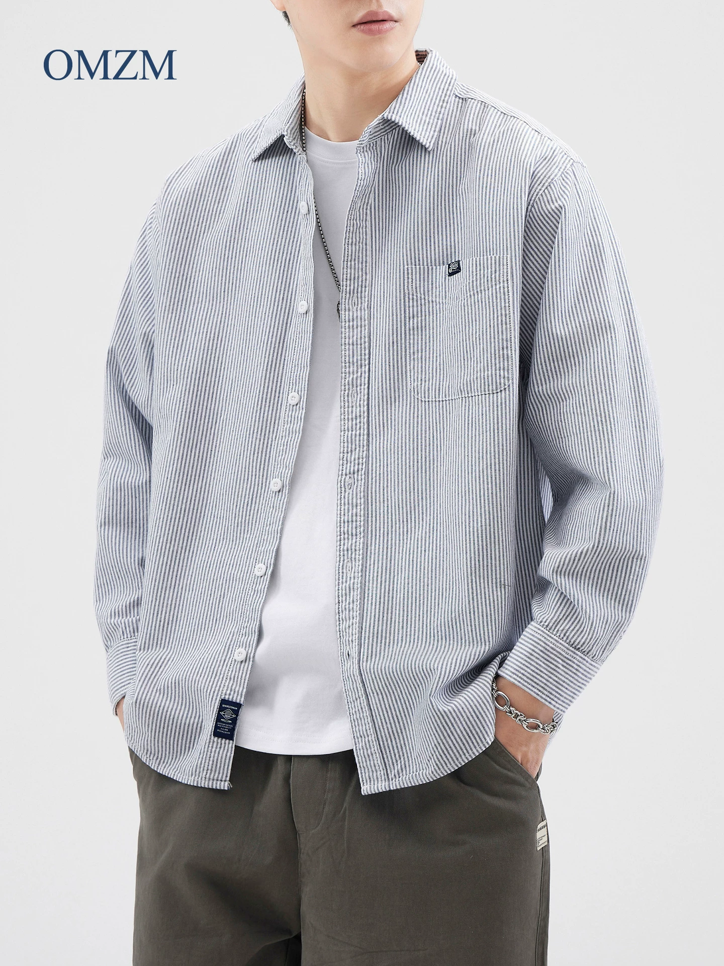 Áo sơ mi sọc cotton nguyên chất hạng nặng OMZM dành cho nam, dài tay, mùa thu, cổ điển Nhật Bản, áo khoác sơ mi công sở rộng rãi dành cho thanh thiếu niên.
