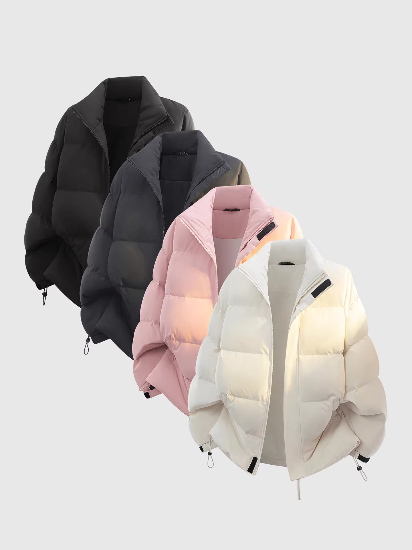 Áo khoác phao nam OMZM90 màu trắng, mùa đông 2025, dày dặn, chống gió, ấm áp, cổ đứng.