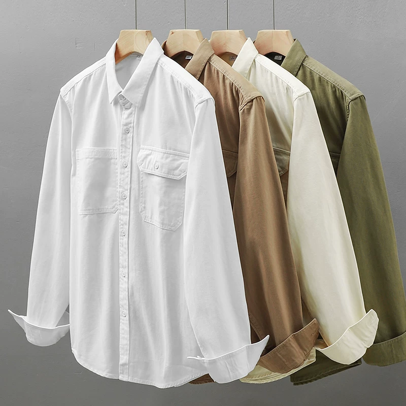 Áo sơ mi dài tay bằng cotton nguyên chất hạng nặng kiểu Mỹ dành cho nam, áo khoác có cổ rộng rãi cao cấp mùa thu đông, áo sơ mi trắng không cần là ủi