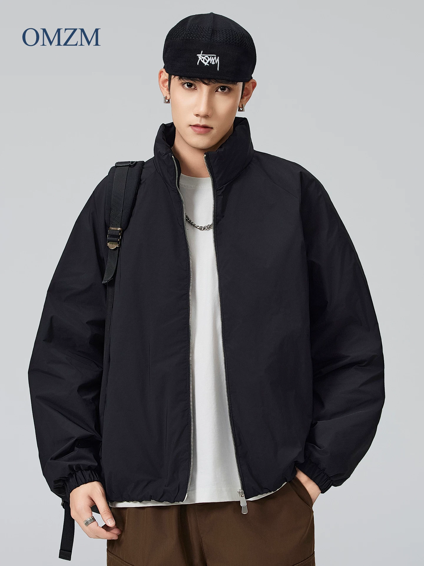 Áo khoác cổ đứng lông vũ trắng OMZM90 dành cho nam, áo khoác cotton dày dặn ấm áp mùa đông, áo khoác phao rộng rãi.