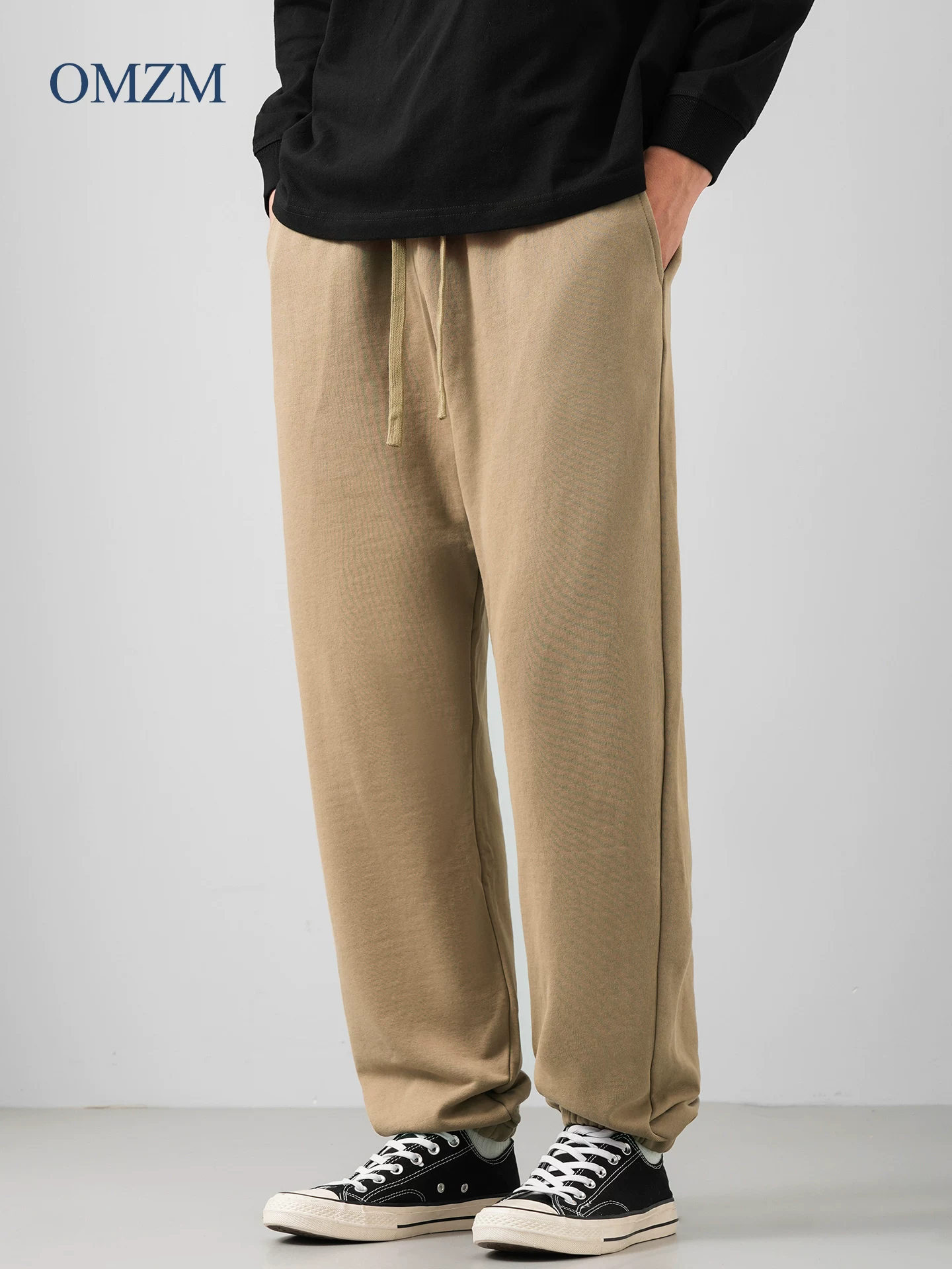 Quần thể thao cotton terry hạng nặng OMZM500G dành cho nam, quần jogger dáng rộng phong cách Mỹ mùa thu, quần dài thể thao màu trơn đơn giản