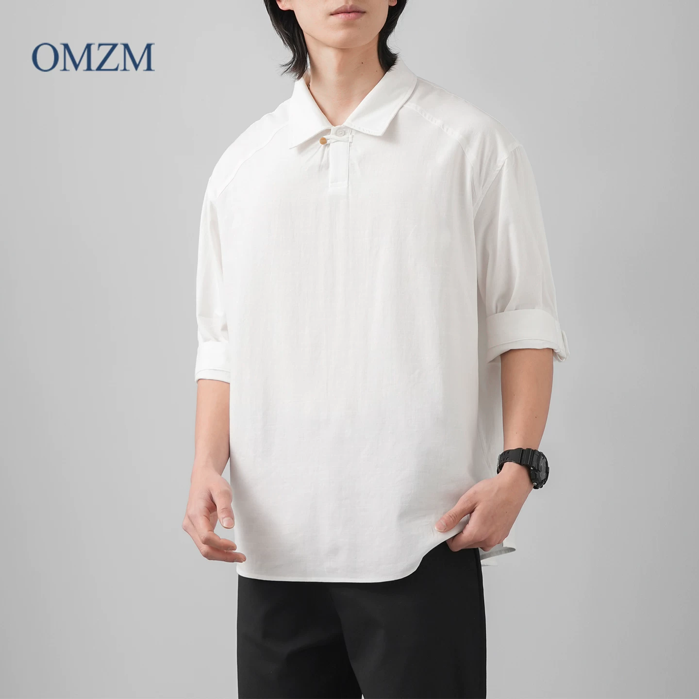 Áo sơ mi POLO ngắn tay bằng vải cotton và vải lanh ba phần tư của OMZM dành cho nam, áo thun có cổ rộng mùa hè, áo sơ mi nửa tay bằng vải lanh thoáng khí