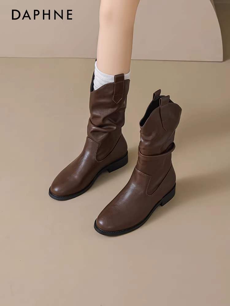 Giày bốt ngắn lót lông màu nâu Daphne dành cho nữ, kiểu mới mùa thu đông 2025, kiểu cao bồi miền Tây, kiểu Martin, kiểu Melard.