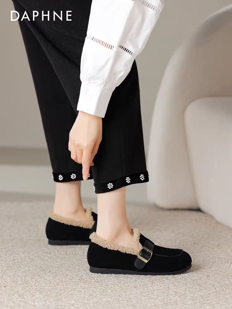 Giày Birkenstock lót lông Daphne dành cho nữ 2025, giày mùa đông mới đế dày, giày lông, ủng tuyết, giày cotton, giày lười màu đen
