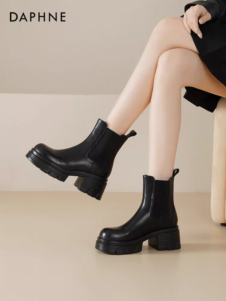 Giày Chelsea Daphne nữ kiểu mới 2025, giày cổ cao mùa thu, giày Martin gót dày, giày bốt ngắn đế dày nữ