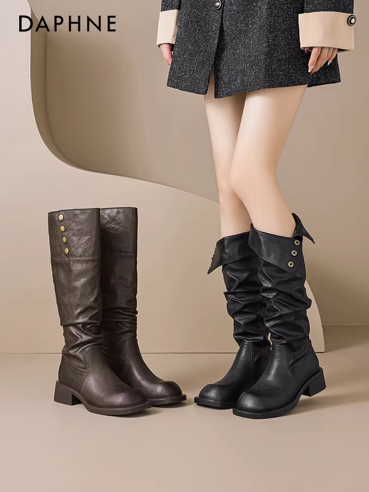 Giày bốt cao cổ nữ Daphne Maillard 2025, mẫu mới thu đông, bốt cao cổ xếp ly, bốt cưỡi ngựa