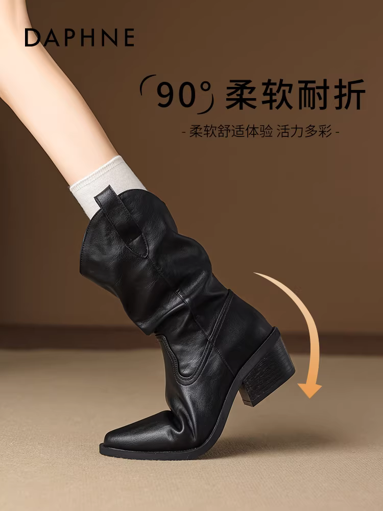 Giày bốt nữ Daphne màu nâu, kiểu mới thu đông 2025, gót dày, mũi nhọn, cao đến giữa bắp chân, kiểu cao gót, kiểu dáng western, kiểu lười.