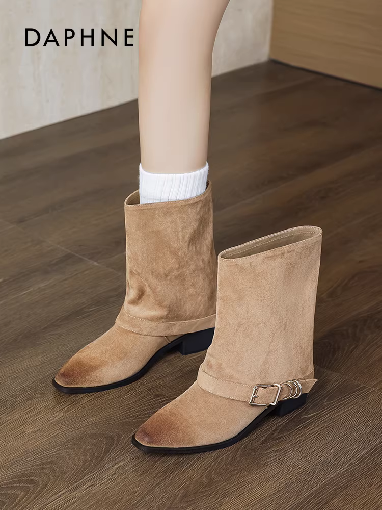 Giày bốt cao bồi nữ Daphne kiểu Tây phương, mùa thu đông 2025, kiểu cổ điển, gót dày, thon gọn, có khóa thắt lưng, màu Melard