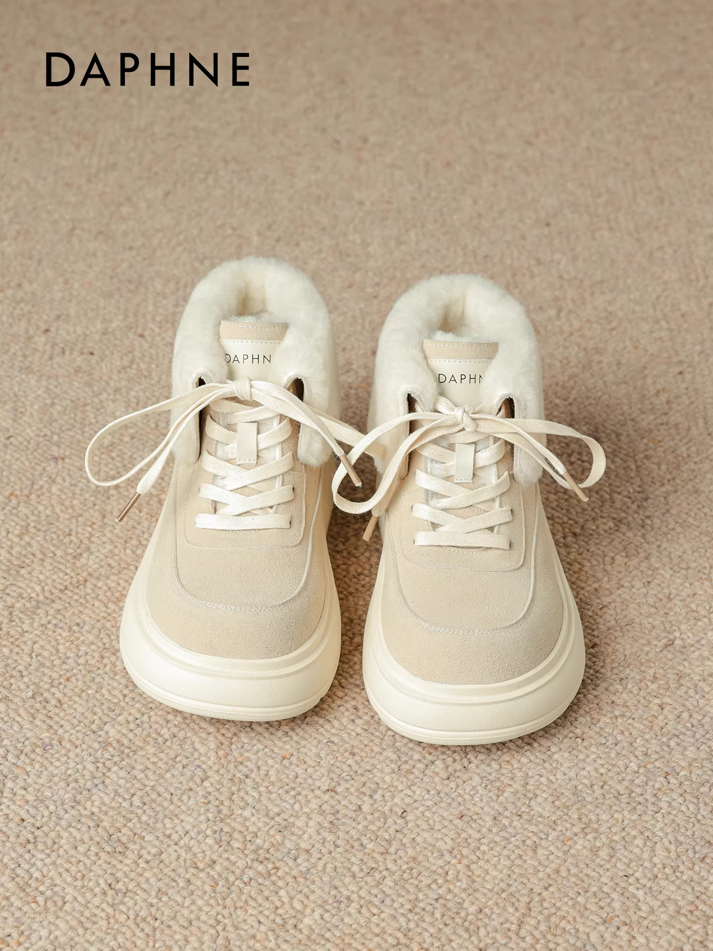 Giày bốt lông Daphne dành cho nữ, giày thể thao cổ cao đế dày lót lông cừu mùa đông, giày cotton ấm áp mới năm 2025.