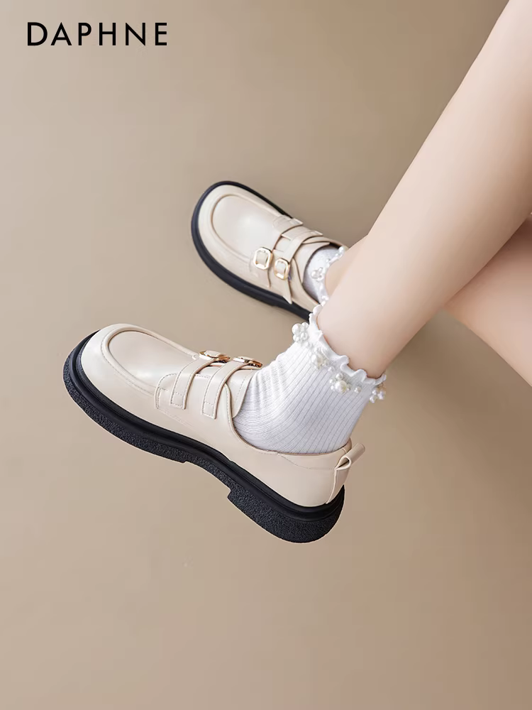 Giày lười đế dày Daphne dành cho nữ 2025, giày nữ mùa thu mới đi làm, giày da nhỏ kiểu Anh tăng chiều cao màu đen