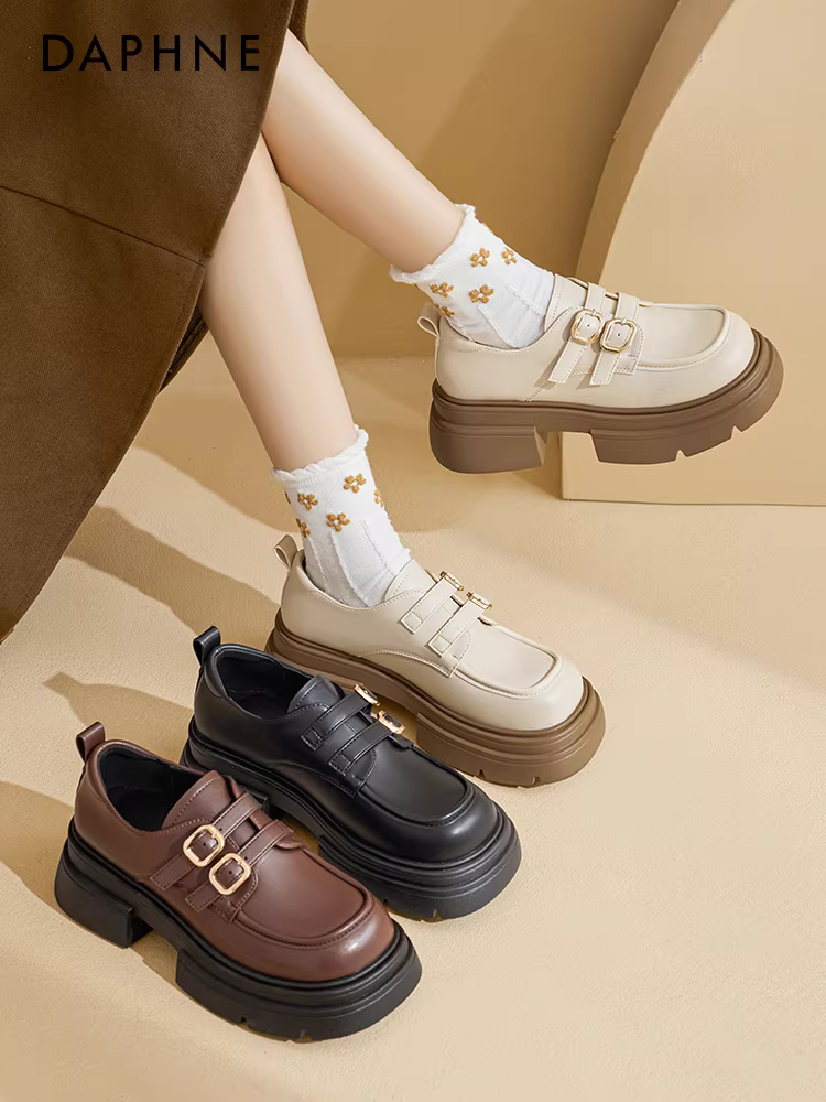 Giày lười đế dày Daphne dành cho nữ, phong cách cổ điển của Anh, giày đơn lấy cảm hứng từ Chanel, giày da thông thường tăng chiều cao, đa năng.
